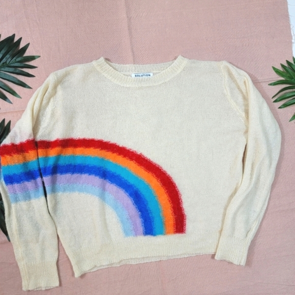 Solution Sweaters - Solution Cream Sheer Knit Rainbow Sweater
